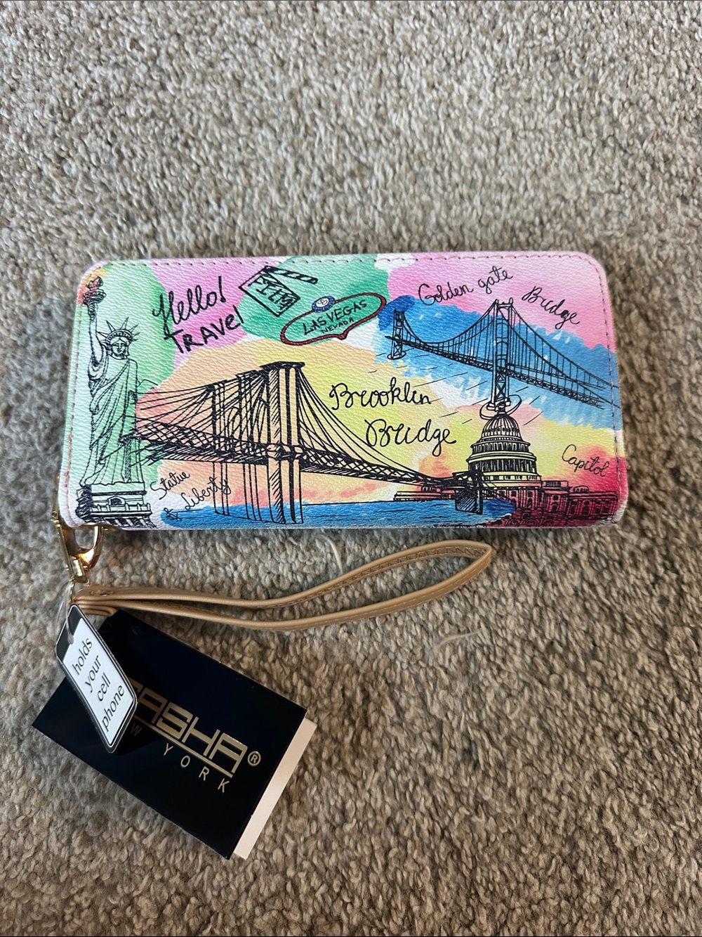 Cityscape Wristlet Wallet with Multi-Color Travel Print